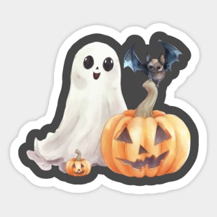 Cute Ghost with Pumpkins and A Bat Sticker